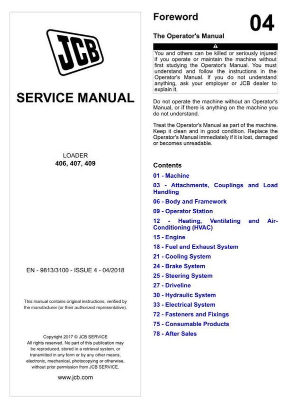 BH 04 JCB 406, 407, 409 Loader Service Repair Manual 1537