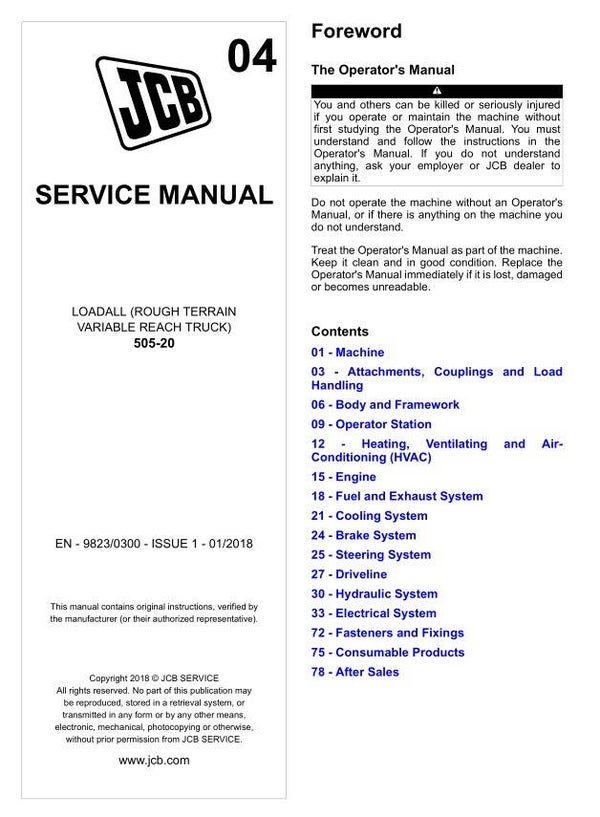 BH 04 JCB 505-20 Reach Truck Service Repair Manual 1789 pages