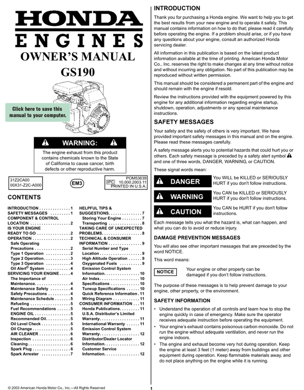 Honda GS Series -GS190 Operators Service Manual