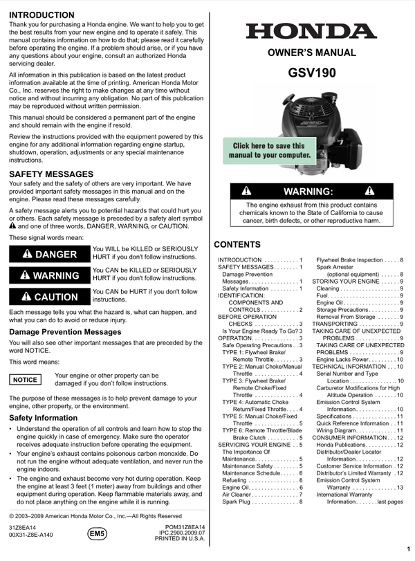 Honda GSV Series -GSV190 Owners Service Manual