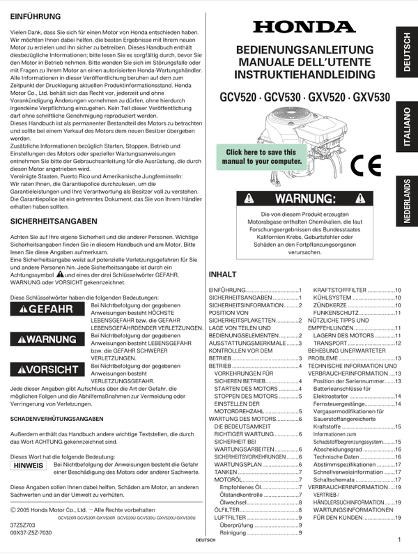 Honda GXV Series GXV530 Operators Service Manual