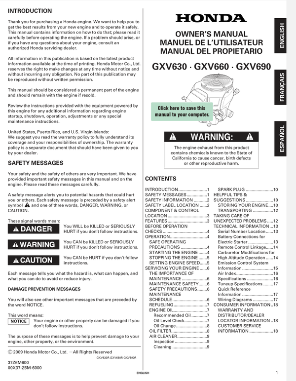 Honda GXV Series GXV630 Operators Service Manual