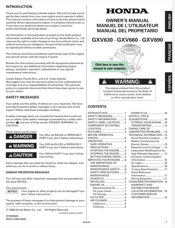 Honda GXV Series GXV660 Operators Service Manual