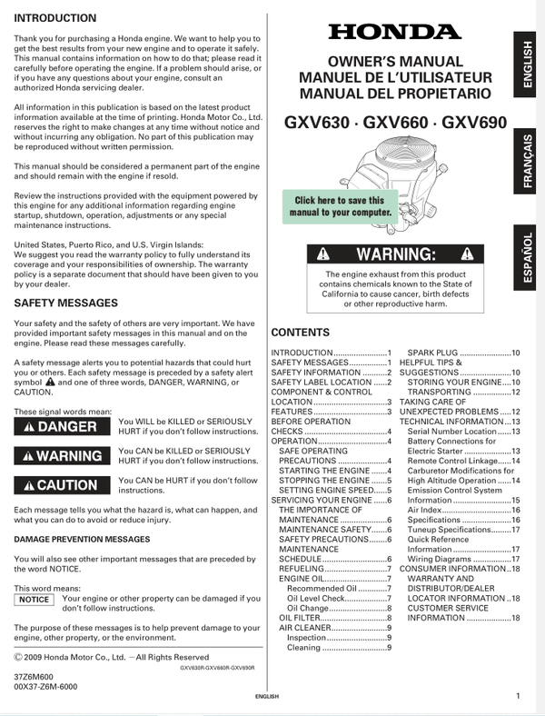 Honda GXV Series GXV690 Operators Service Manual