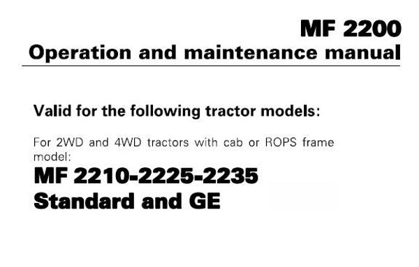 MFO Massey Ferguson MF2210 – MF2225 – 2235 (Standard and GE) Tractors Operation and Maintenance Manual
