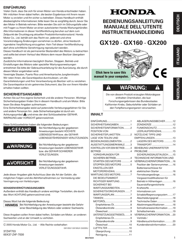 Honda GX Series -GX200 Owners Service Manual