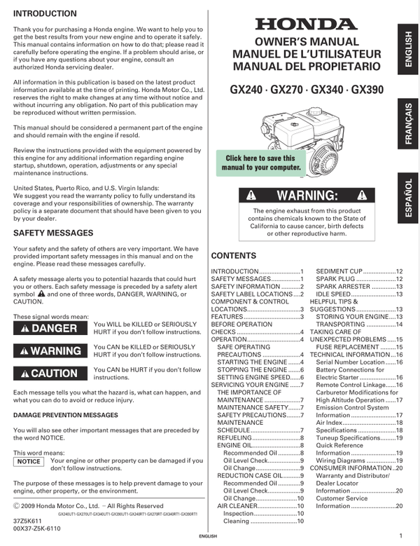 Honda GX Series -GX240 Owners Service Manual