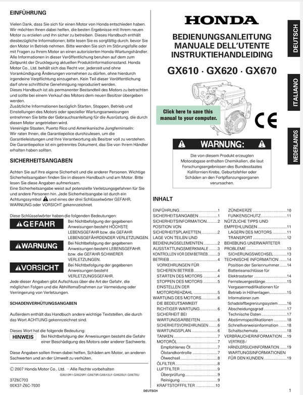 Honda GX Series -GX620 Owners Service Manual