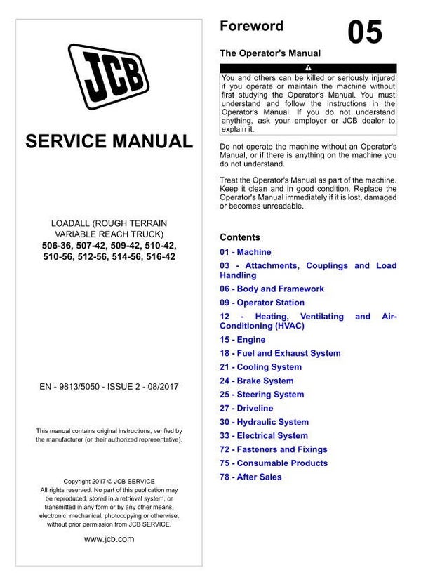 JC 05 JCB 506-36, 507-42, 509-42, 510-42, 510-56, 512-56, 514-56, 516-42 Loadall Service Repair Manual 2179 pages