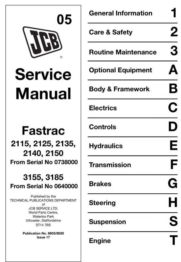 JA 05 JCB Fastrac 2115, 2125, 2135, 2140, 2150 Service Repair Manual 1026 pages