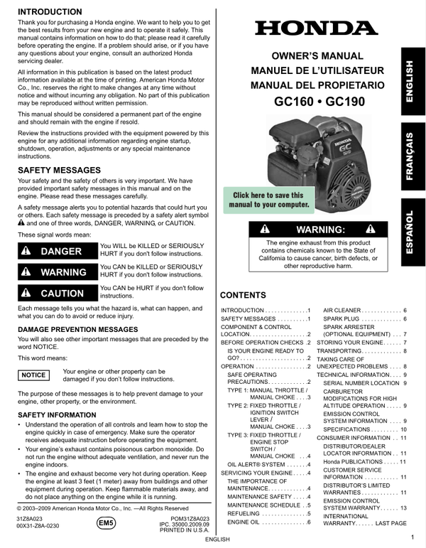 Honda GC Series Engines GC160-GCAH Owners Service Manual3