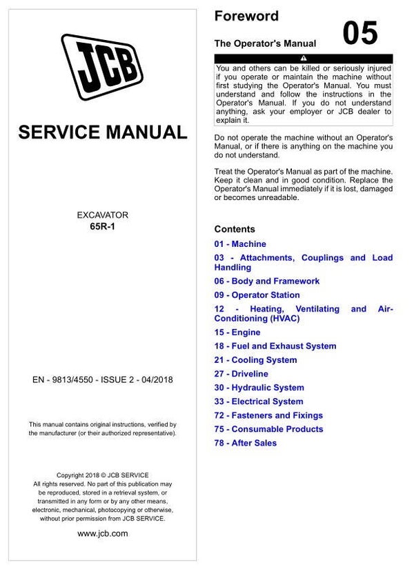 BH  05 JCB 65R-1 Excavator Service Repair Manual 1329 pages