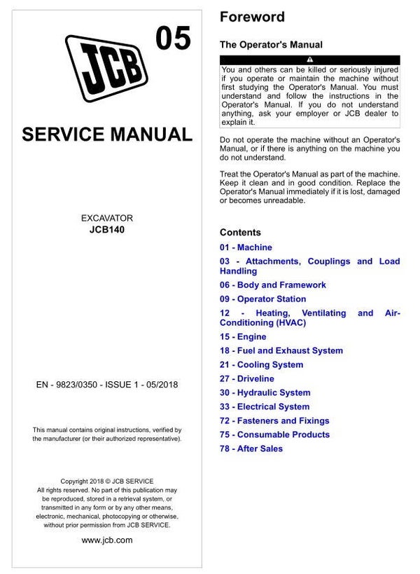 BH 05 JCB 140 Excavator Service Repair Manual 993 pages