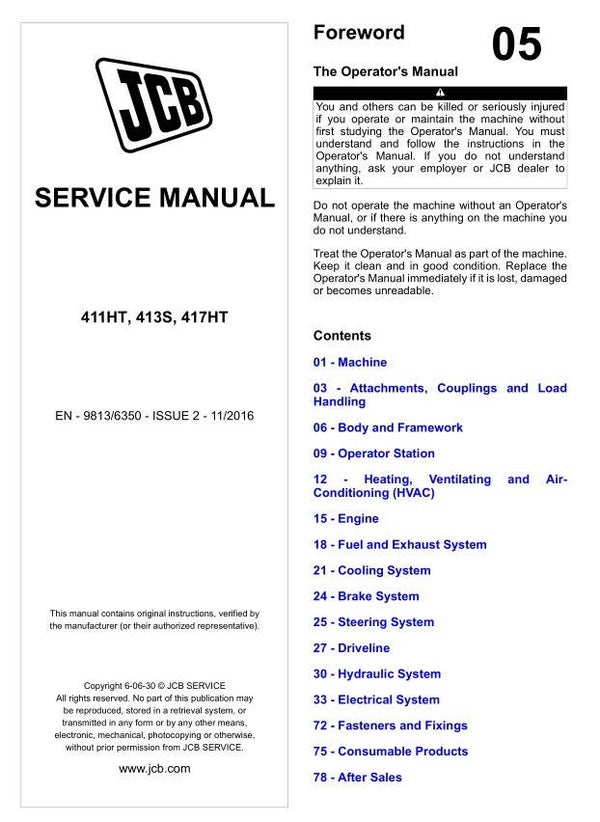 BH 05 JCB 411HT, 413S, 417HT Loader Service Repair Manual 1578 pages