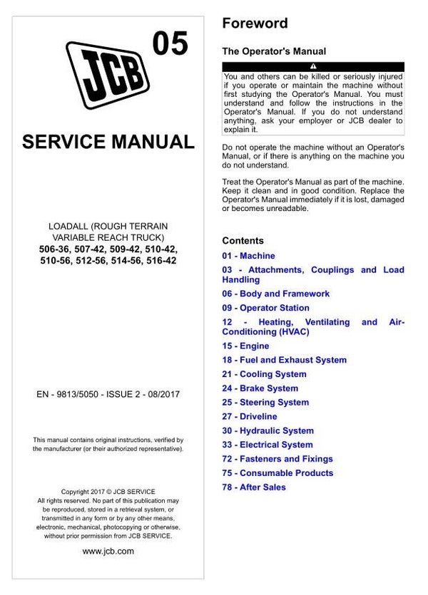 BH 05 JCB 506-36, 507-42, 509-42, 510-42, 510-56, 512-56, 514-56, 516-42 Loadall Service Repair Manual 2179 pages