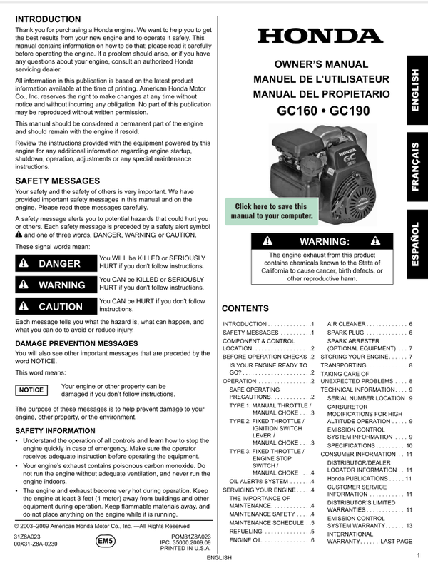Honda GC Series Engines GC190 Owners Service Manual