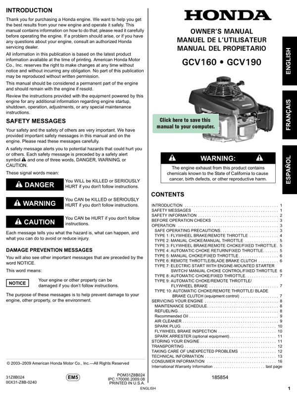 Honda GCV Series -GCV160 Engine Operators Service Manual
