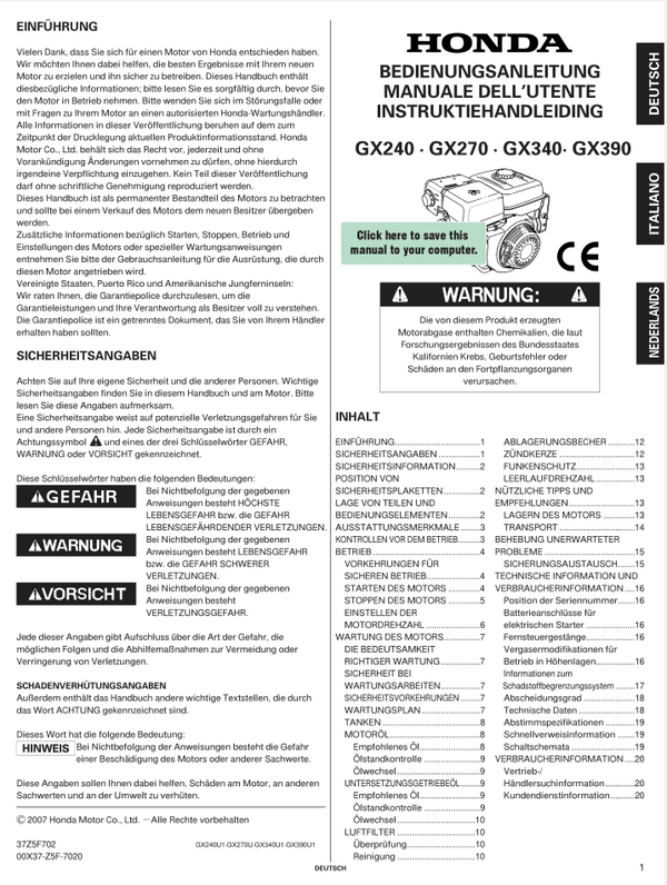 Honda GX Series -GX270 Owners Service Manual