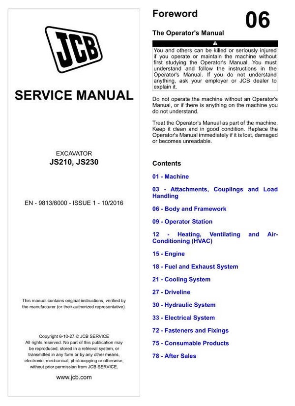 BH 06 JCB JS 210 , JS 230 Excavator Service Repair Manual 1559 pages