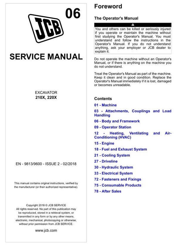 BH 06 JCB 210X, 220X Excavator Service Repair Manual 1983 pages