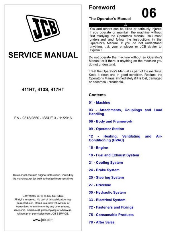BH 06 JCB 411HT, 413S, 417HT Wheeled Loader Service Repair Manual 1539 pages