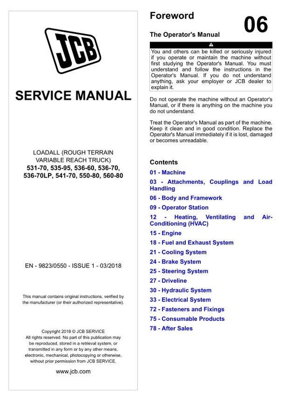 BH 06 JCB Rough Terrain 531-70, 535-95, 536-60, 536-70, 536-70LP, 541-70, 550-80, 560-80 Service Repair Manual 3629 pages