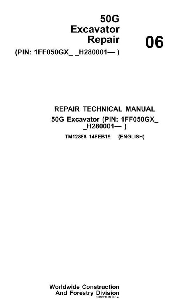 JD  06 John Deere 50G Compact Excavator Repair Technical Manual 420 pages