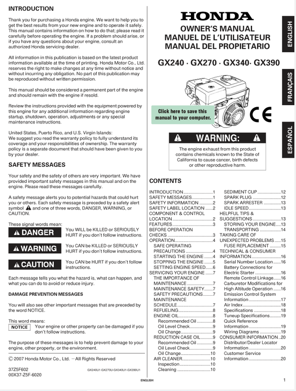 Honda GX Series -GX390 Owners Service Manual