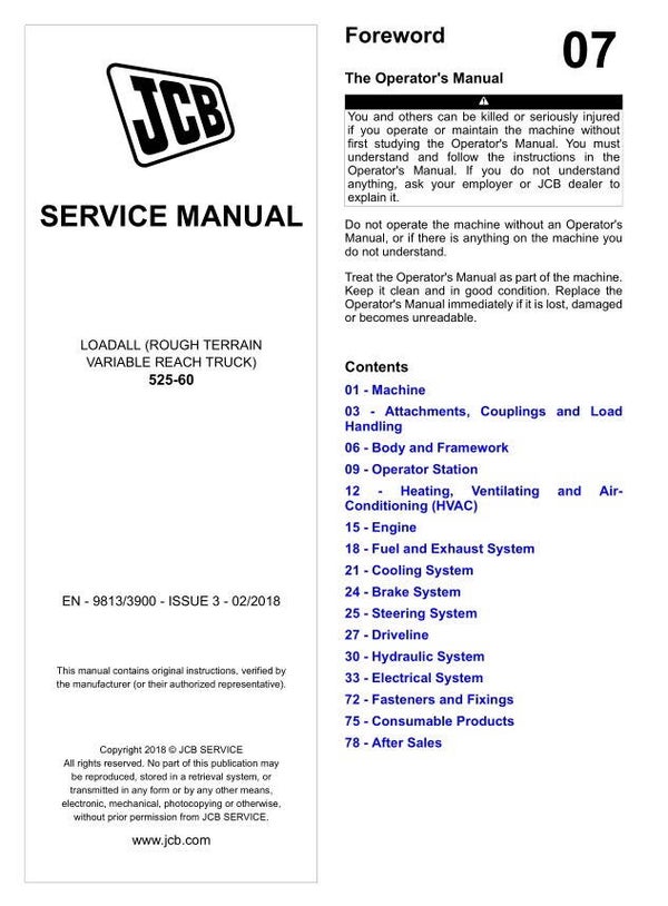 JC 07 JCB 525-60 Loadall Service Repair Manual 1893 pages