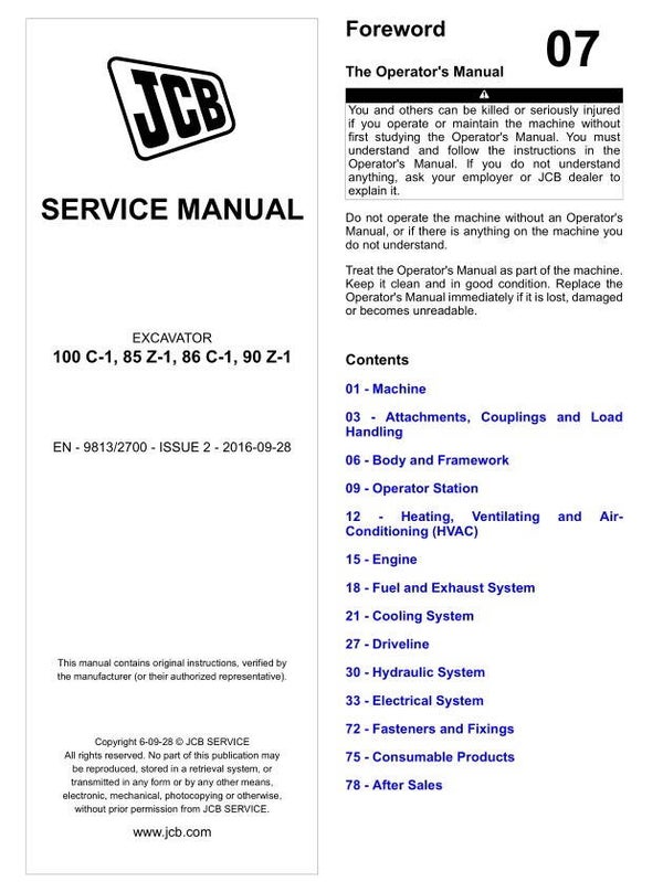 BH  07 JCB 100C-1, 85 Z-1, 86 C-1, 90 Z-1 Excavator Service Repair Manual 1419 pages