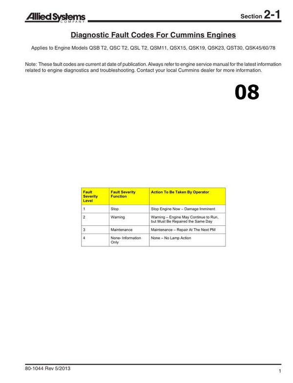 )08 Cummins Diagnostic Fault Codes List For Cummins Engines 26 pages