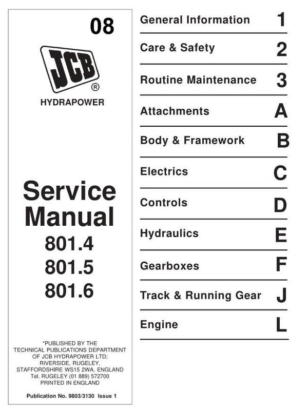BH  08 JCB 801.4 801.5 801.6 Mini Excavators Service Repair Manual 189 pages