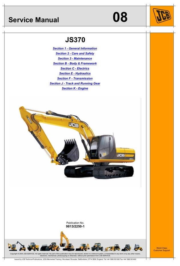 BH 08 JCB JS 370 Excavator Service Repair Manual 870 pages
