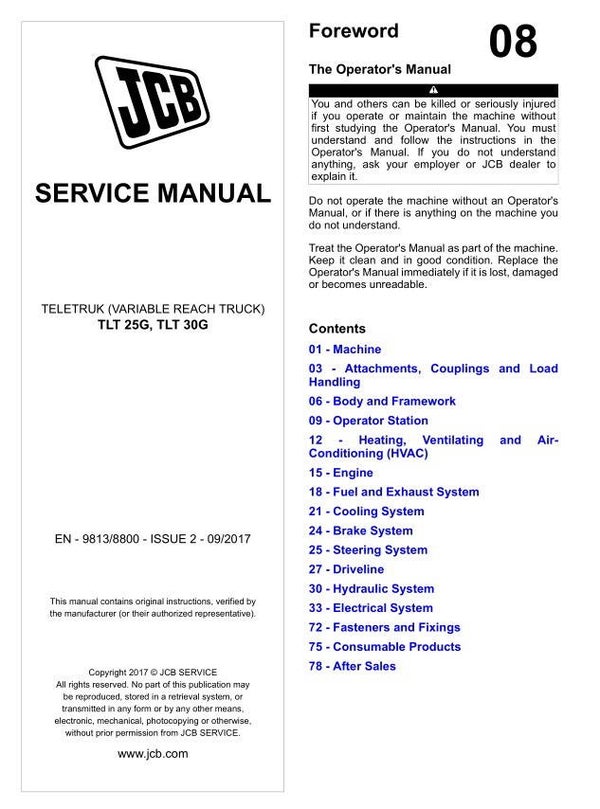 BH 08 JCB TLT 25G, TLT 30G Variable Reach Truck Service Repair Manual 871 pages