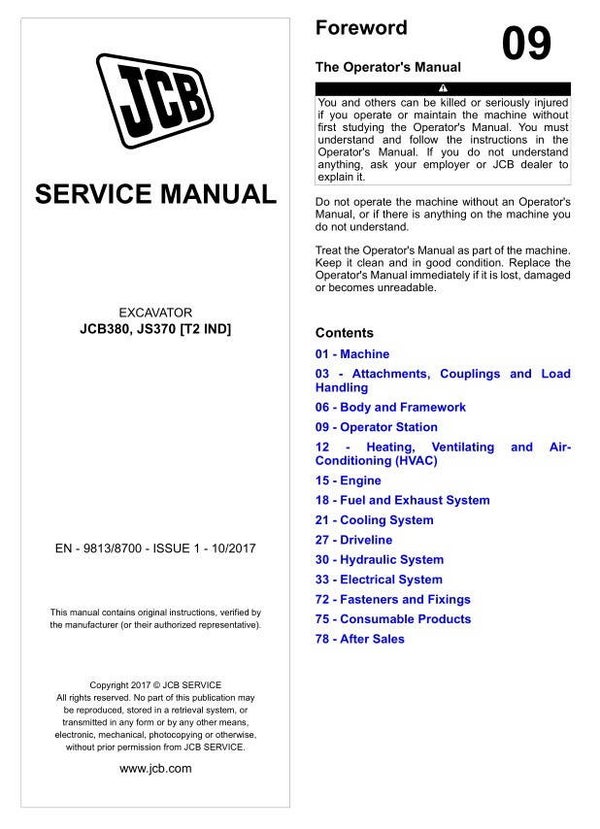 BH 09 JCB JS 380, JS 370 [T2 IND] Excavator Service Repair Manual 1603 pages
