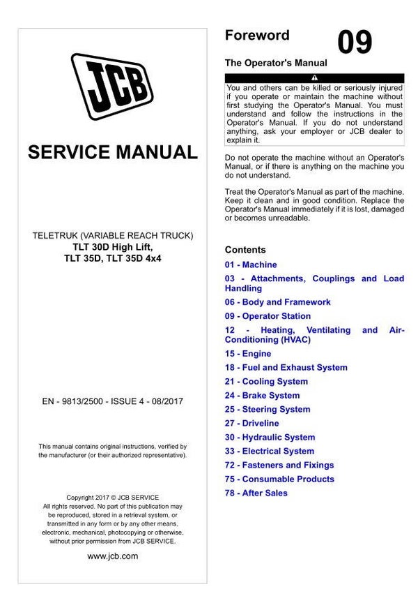 BH 09 JCB TLT 30D High Lift, TLT 35D, TLT 35D 4×4 Teletruk Service Repair Manual 1200 pages