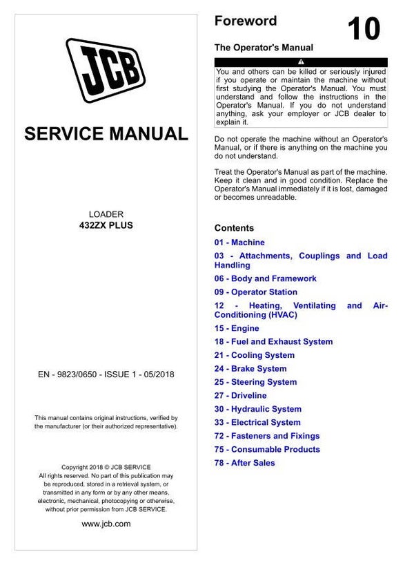 BH 10 JCB 432ZX PLUS Loader Service Repair Manual 1073 pages