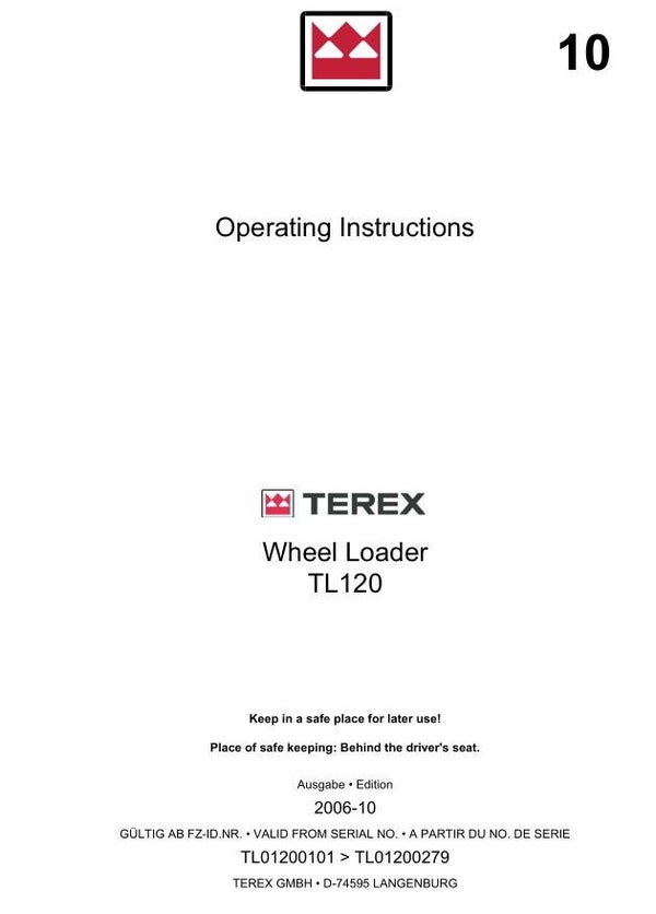TR 10 Terex Wheel Loader TL120 Operating Instructions Manual 108 pages