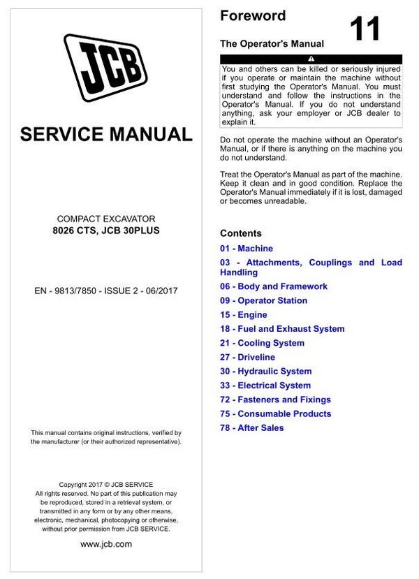 BH  11 JCB 8026 CTS, JCB 30PLUS Excavator Service Repair Manual 913 pages