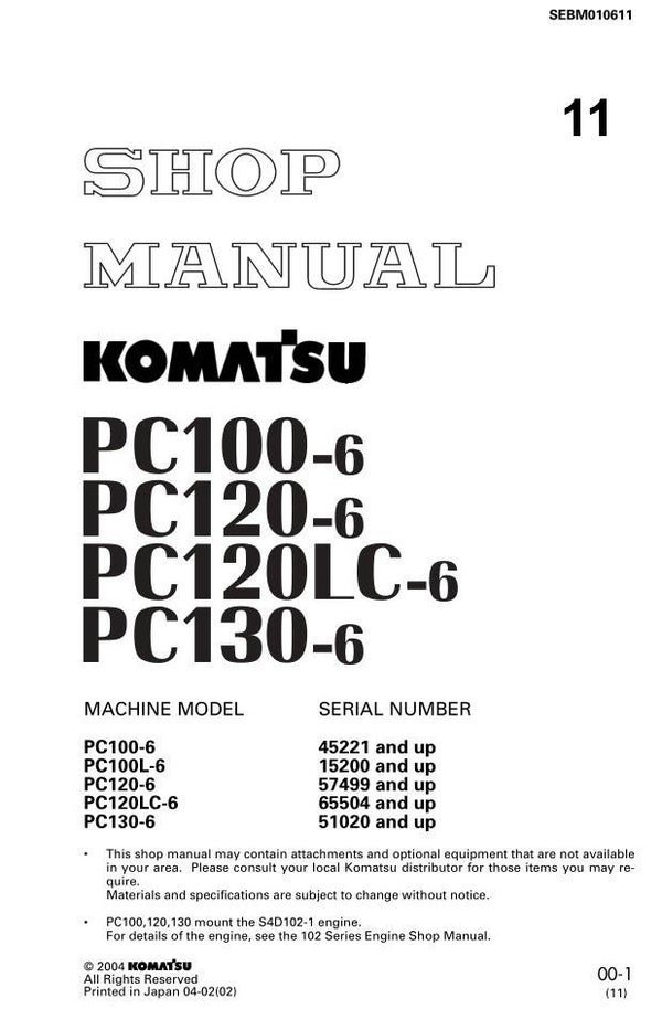 KM  11 Komatsu PC100-6, PC100L-6, PC120LC-6, PC130-6 Workshop Repair Manual 845 pages