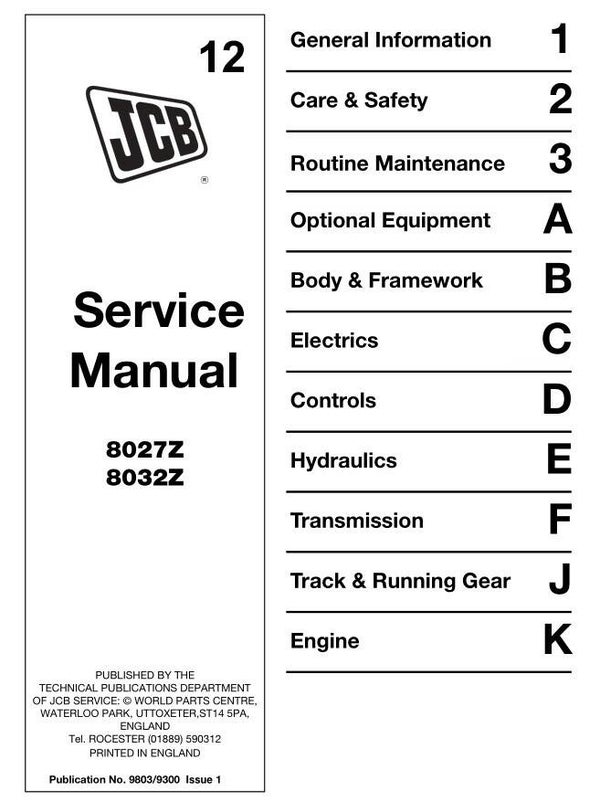 BH  12 JCB 8027Z, 8032Z Mini Excavator Service Repair Manual 215 pages
