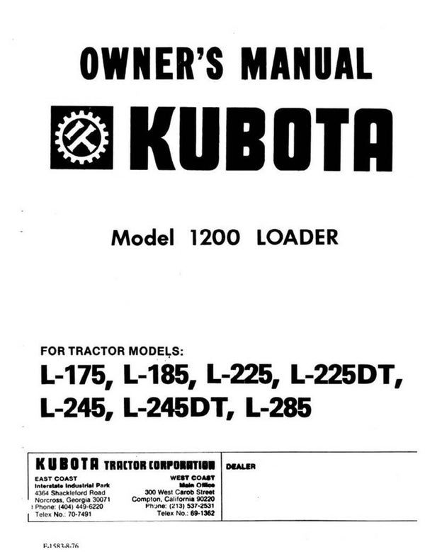 Kubota-1200 Loader Opps and Parts Manual