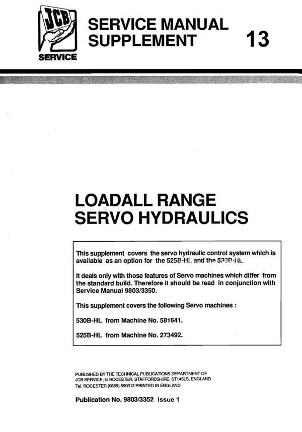BH 13 JCB 525B HL, 530B HL Loadall Range Service Supplement Servo Hydraulics Manual 41 pages