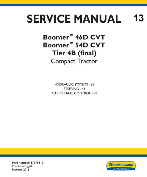 NHT  13 New Holland Boomer 46D CVT, 54D CVT Tractor Service Manual 3 systems  334 pages