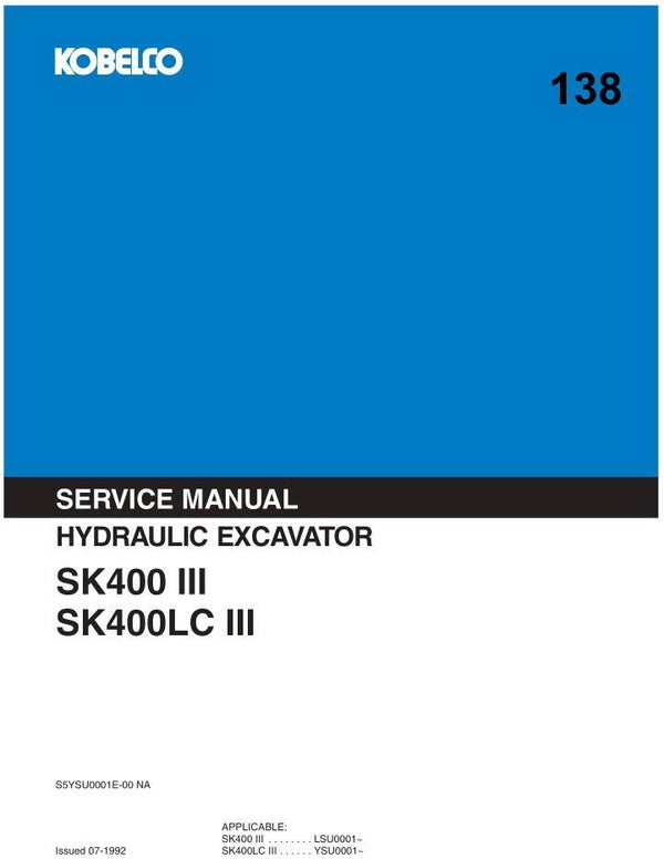 KB  138 Kobelco SK400 III, SK400LC III Workshop Repair Manual 935 pages
