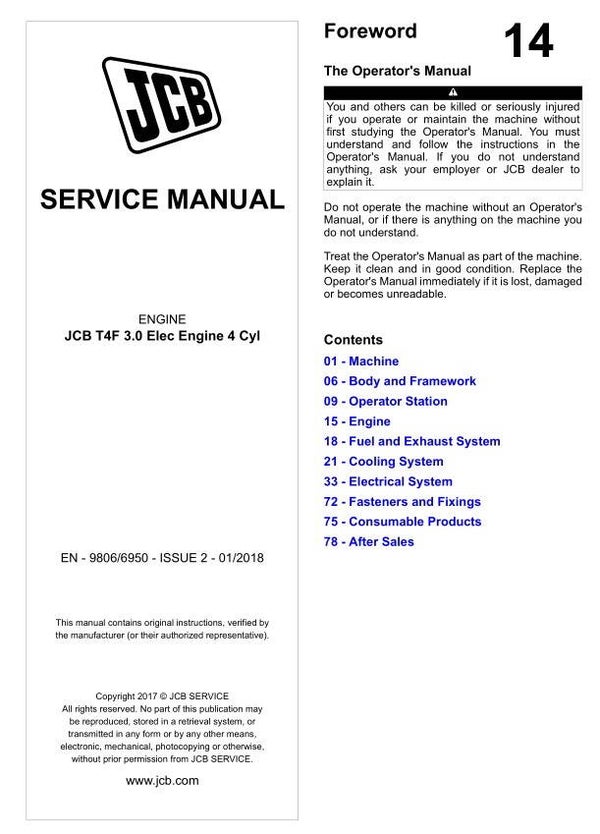 BH 14 JCB T4F 3.0 Elec Engine 4 Cyl Service Repair Manual 624 pages