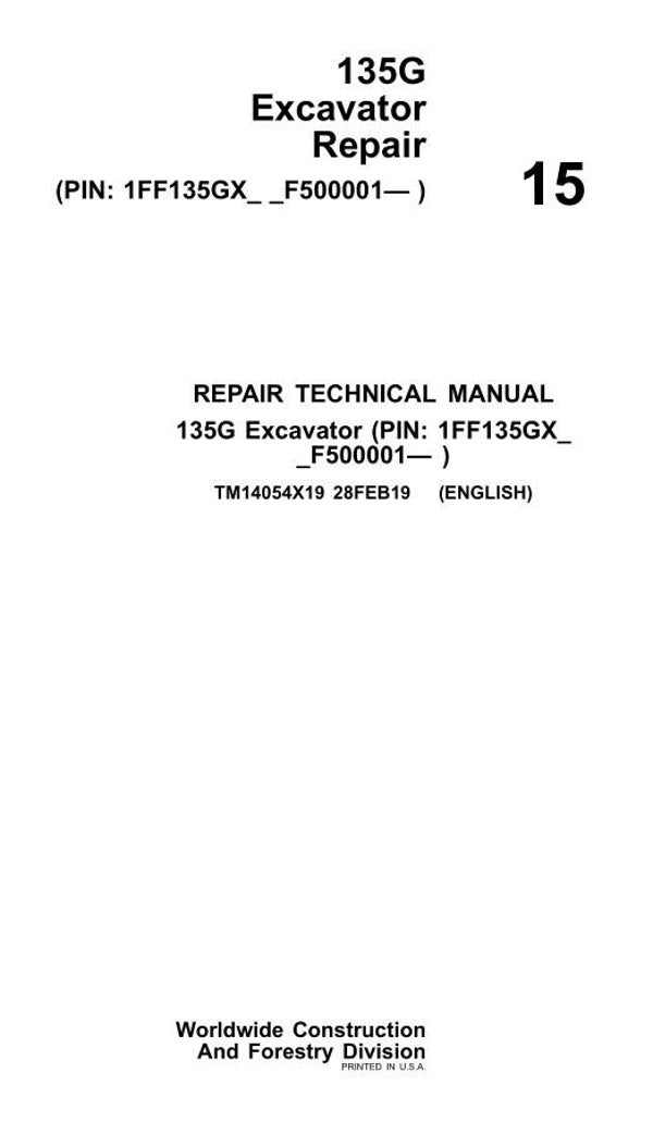 JD  15 John Deere 135G Excavator Repair Technical Manual 490 pages