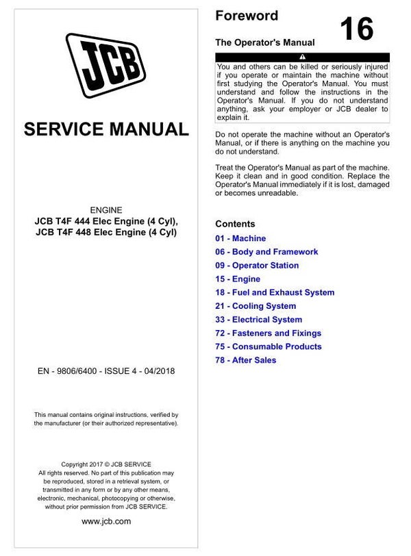 BH 16 JCB T4F-444, T4F-448 Elec Engines Service Repair Manual 257 pages