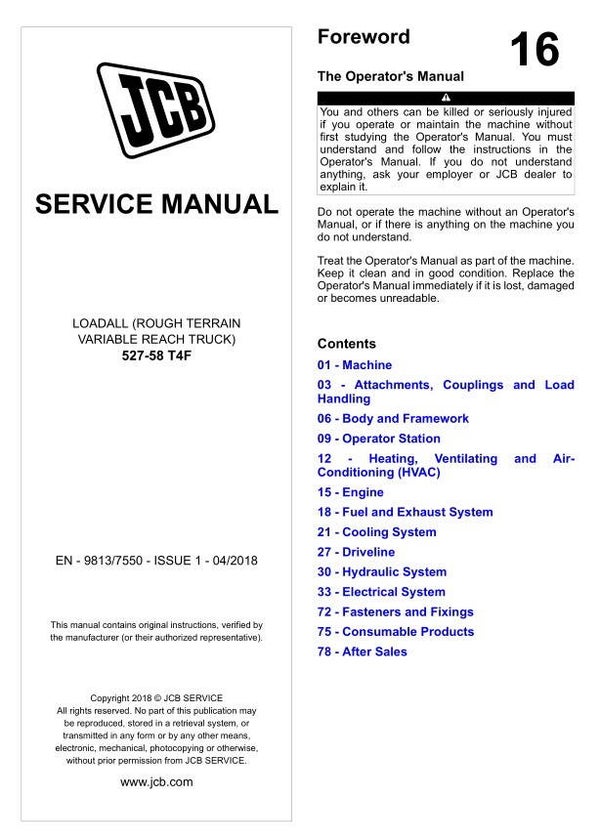 BH 16 JCB 527-58 T4F Loadall Service Repair Manual 1768 pages