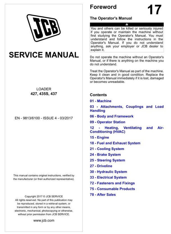 BH 17 JCB Wheel Loader 427, 435S, 437 Service Repair Manual 1403 pages